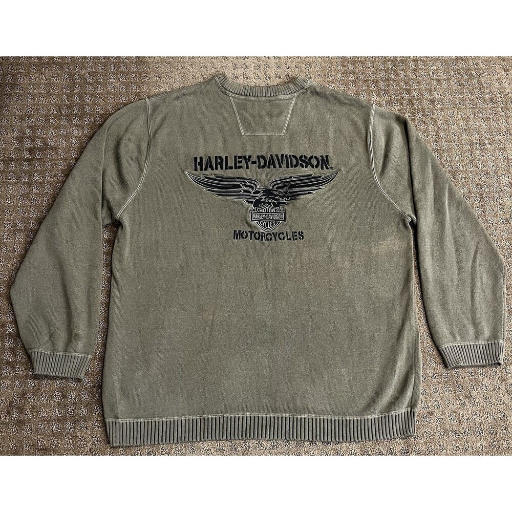 Harley-Davidson Sweater Men’s XL Olive Brown Embroidered Eagle Biker Knit VTG